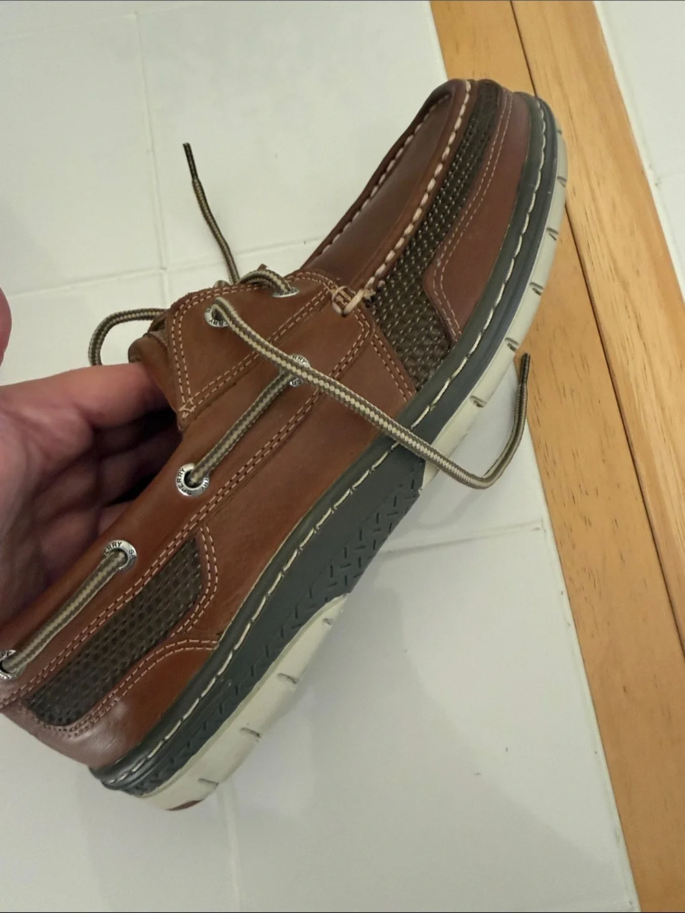 Sperry Men’s Leather Top-Sider Boat Shoes Dark Brown with Gray and Beige